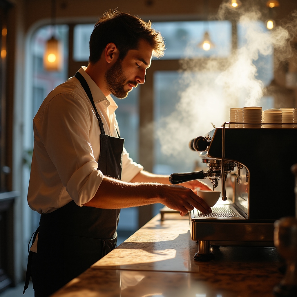 Barista che prepara caffè in un bar italiano