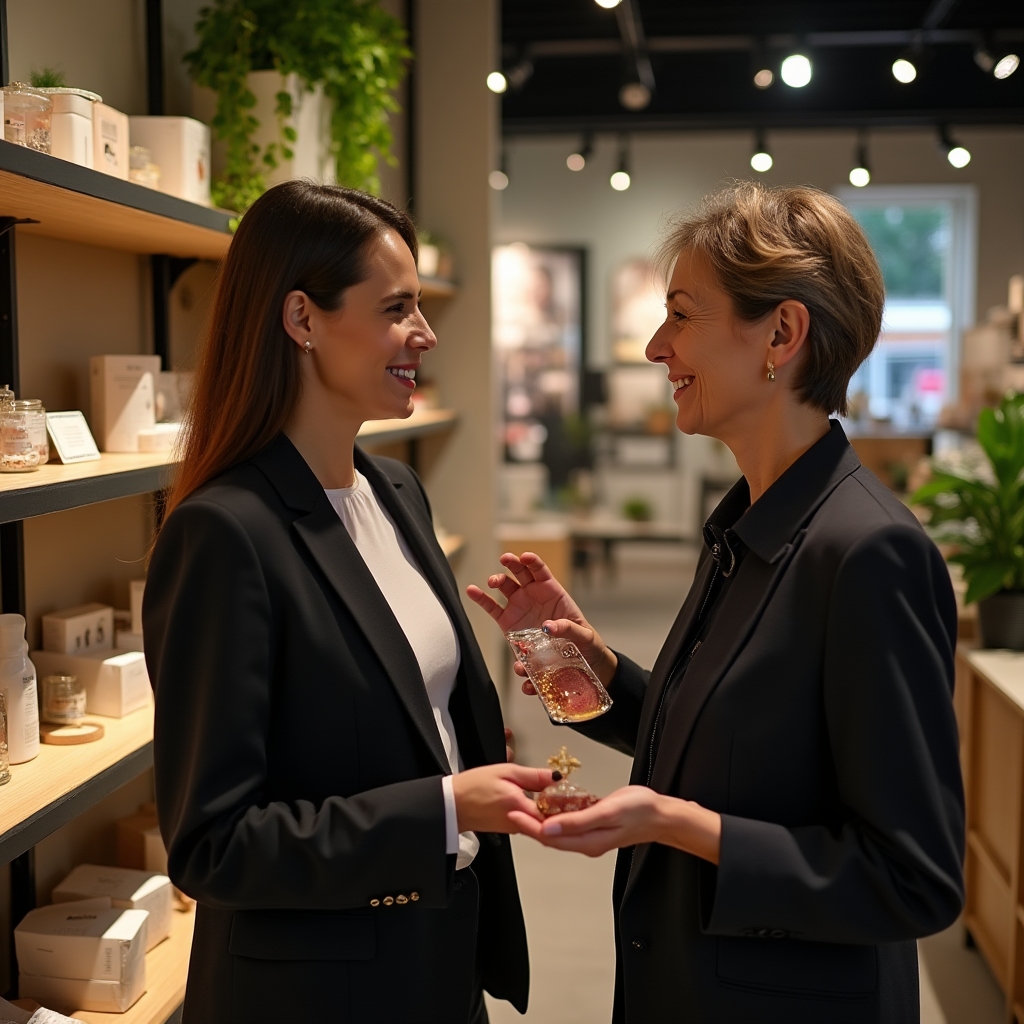 Cliente in un negozio al dettaglio italiano assistita dal personale